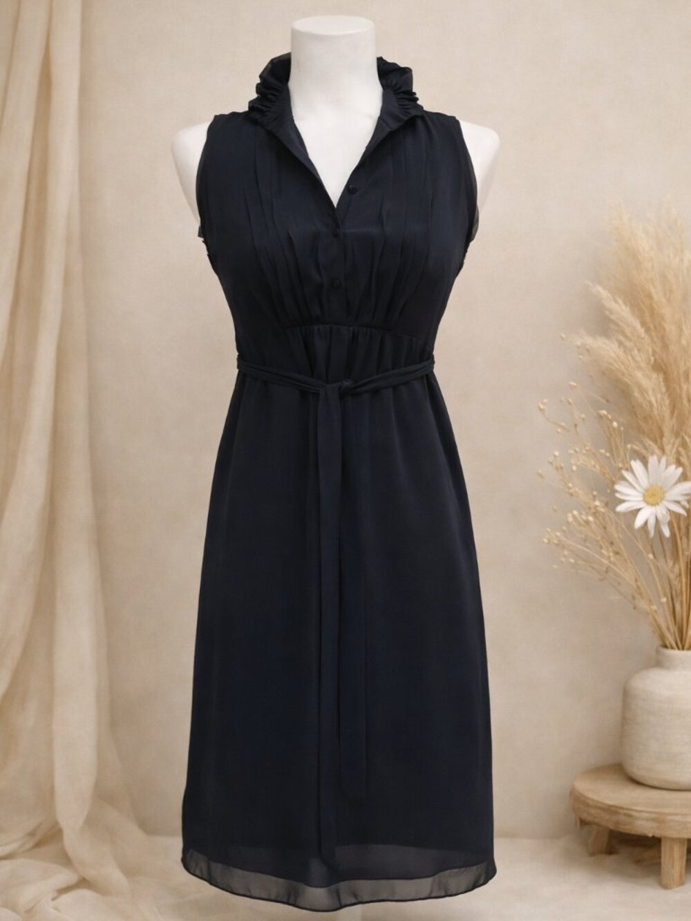 Romantic Chiffon Mini Dress Ruffle Neck & Belted Tie Waist Boho Chic Sleeveless